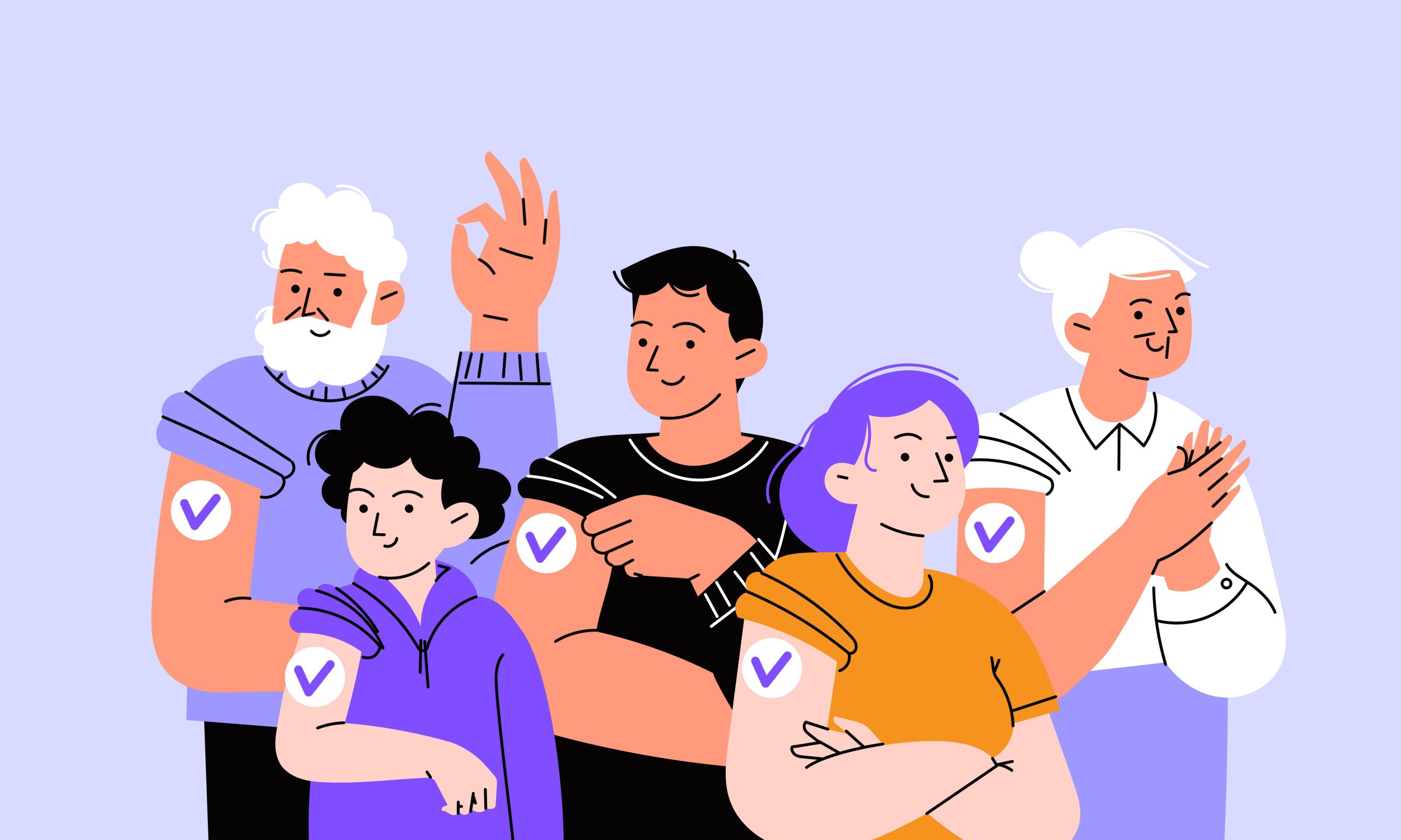 Ilustração que mostra vacina aplicada no braço de diversas pessoas